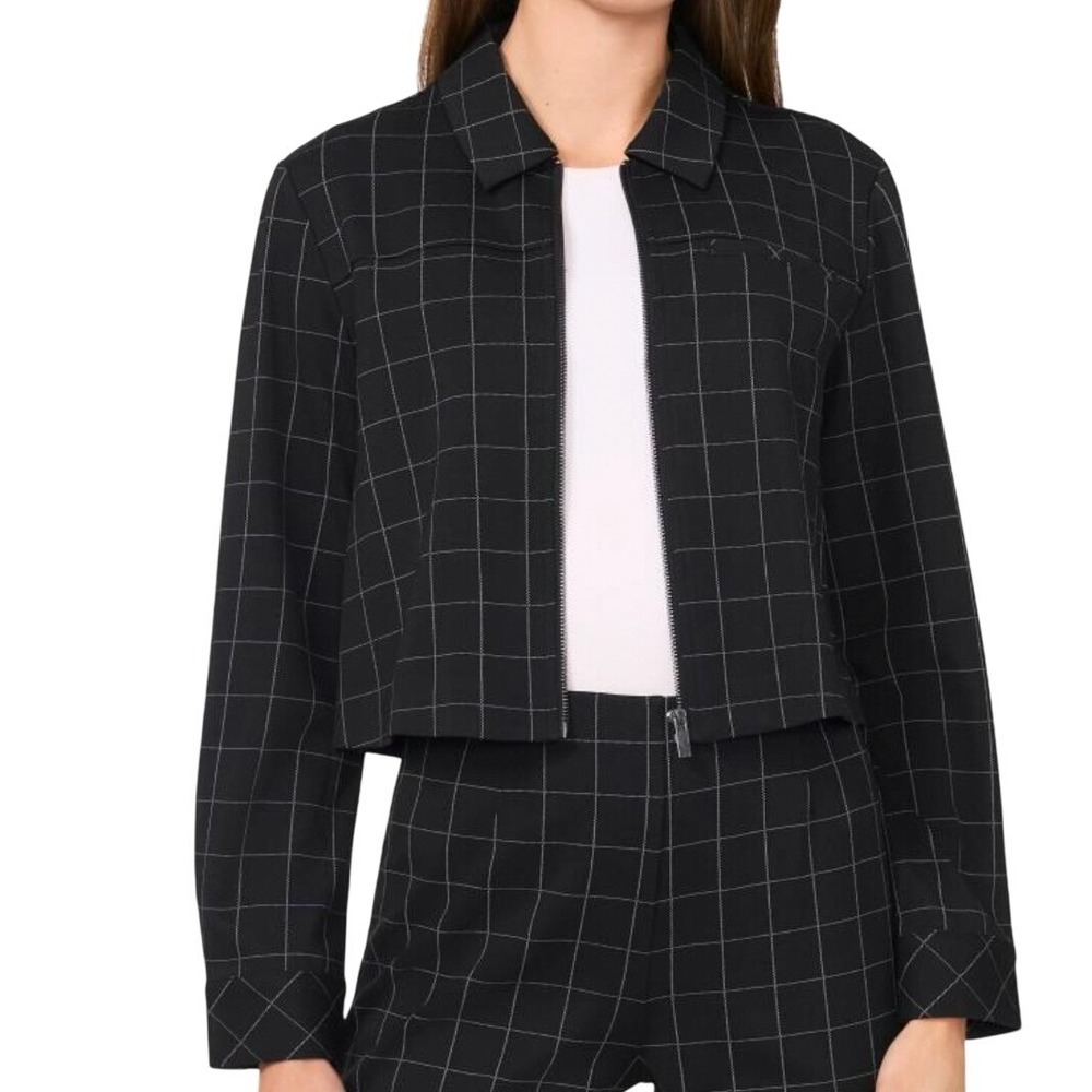 Halogen Womens Black White Windowpane Grid Plaid Cropped Zip Up Jacket Small
